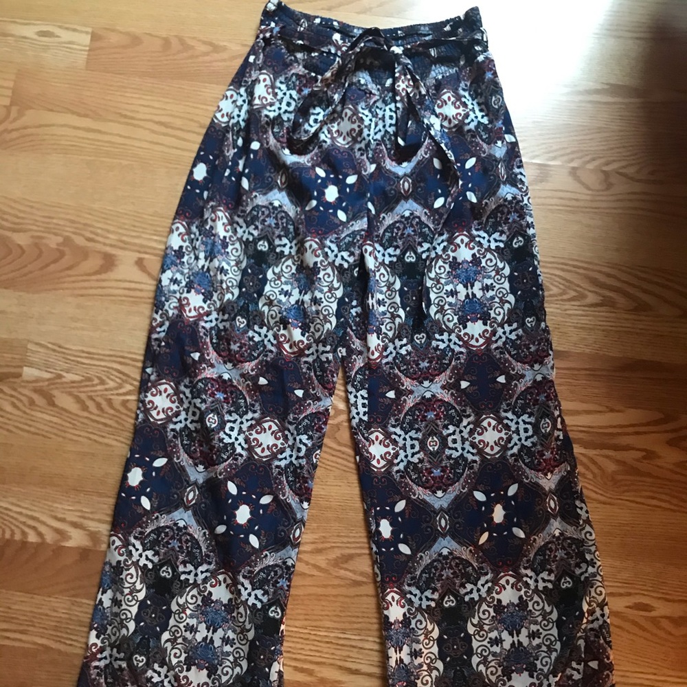 Drawstring Patterned Loose Silk Pants - image 1